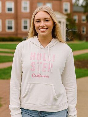 Y2K Hollister White and Pink Spellout Hoodie Collegiate Academia Coastal Comfy M